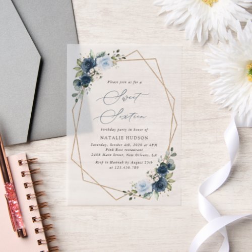 Navy Flowers, Blue Flowers, Greenery, Sweet 16 Vellum Invitations