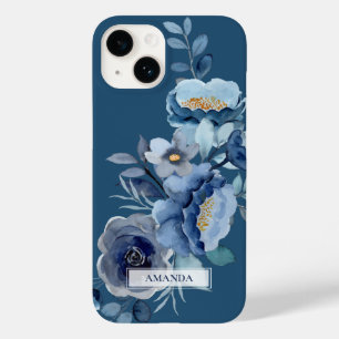 Navy Flowers Blue Personalized Name Case-Mate iPhone 14 Case