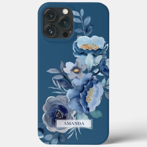 Navy Flowers  Blue Personalized Name iPhone 13 Pro Max Case