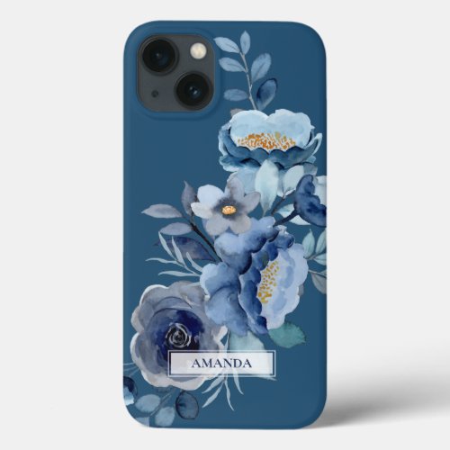 Navy Flowers  Blue Personalized Name iPhone 13 Case
