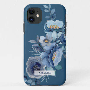Navy Flowers Blue Personalized Name iPhone 11 Case