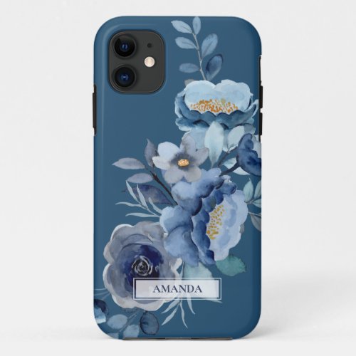 Navy Flowers  Blue Personalized Name iPhone 11 Case