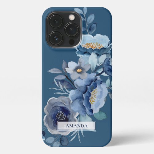 Navy Flowers  Blue Personalized Name iPhone 13 Pro Case