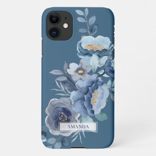 Navy Flowers  Blue Personalized Name iPhone 11 Case