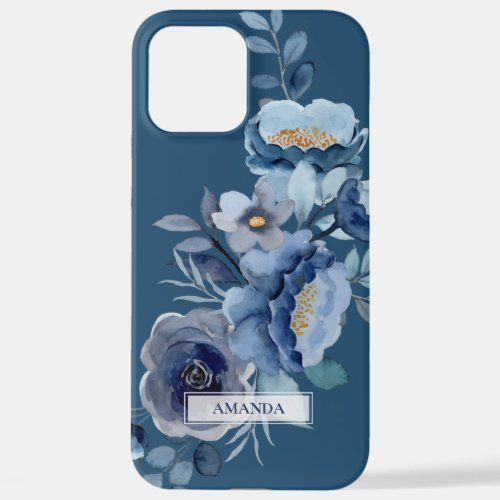 Navy Flowers  Blue Personalized Name iPhone 12 Pro Max Case