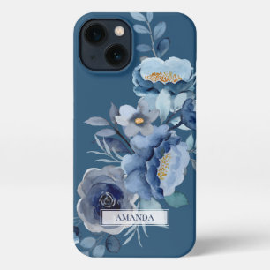 Navy Flowers   Blue Personalized Name iPhone 13 Case