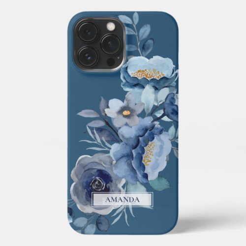 Navy Flowers  Blue Personalized Name iPhone 13 Pro Max Case