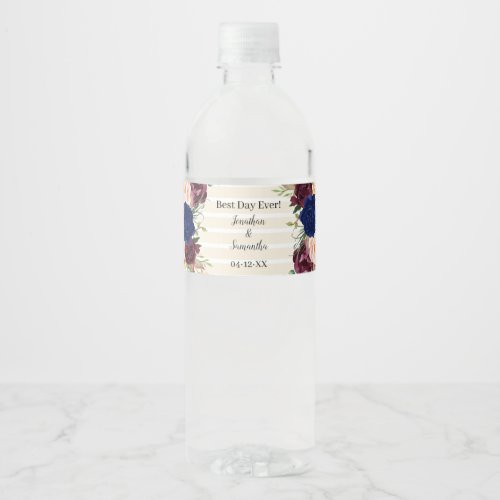 Navy Flowers Gold Wedding Water Bottle Label