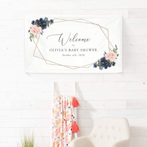 Navy Flowers Pink Flowers Baby Shower Welcome Banner