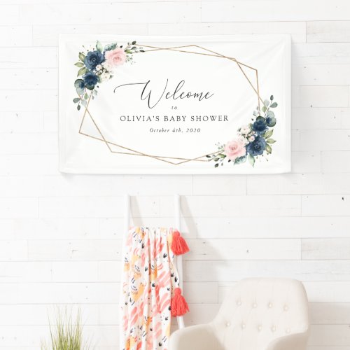 Navy Flowers Pink Flowers Baby Shower Welcome Banner