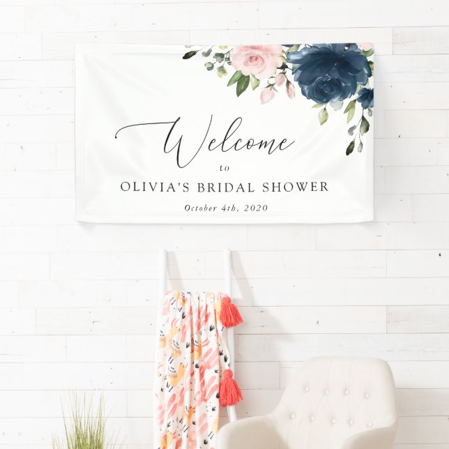 Navy Flowers, Pink Flowers, Bridal Shower Welcome Banner (Insitu)