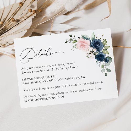 Navy Flowers Pink Flowers Floral Wedding Details Enclosure Card