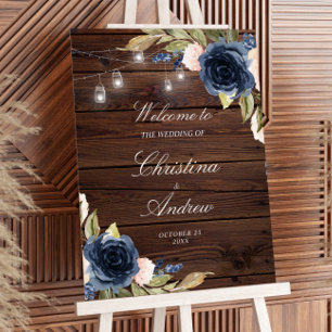 Navy Flowers Rustic Wood Wedding Welcome Foam Board