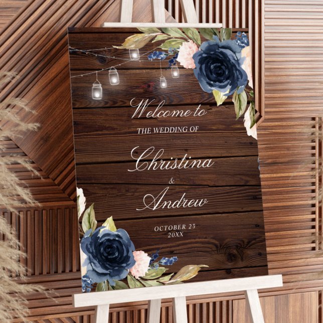 Navy Flowers Rustic Wood Wedding Welcome Foam Board (Creator Uploaded)