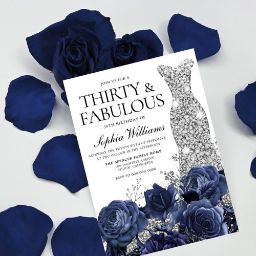 Navy Flowers  Silver Diamond Dress 30th Birthday Invitation