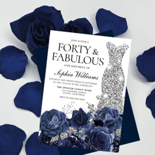 Navy Flowers & Silver Diamond Dress 40th Birthday Invitation