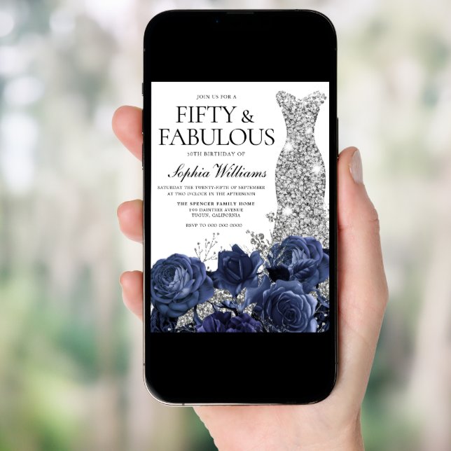 Navy Flowers & Silver Diamond Dress 50th Birthday Invitation (Front Digital)