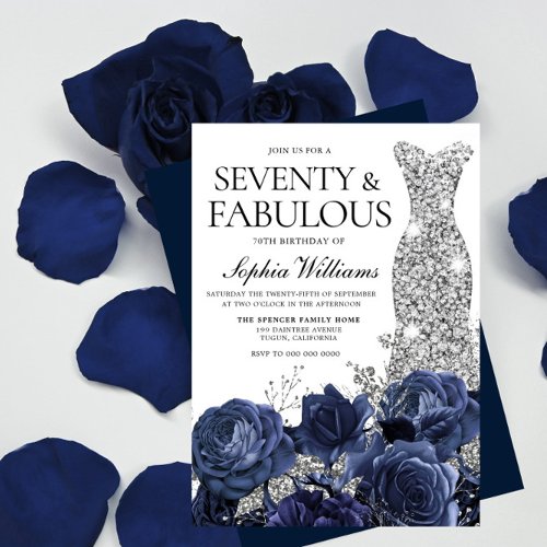 Navy Flowers  Silver Diamond Dress 70th Birthday Invitation