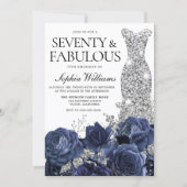 Navy Flowers & Silver Diamond Dress 70th Birthday Invitation (Front)
