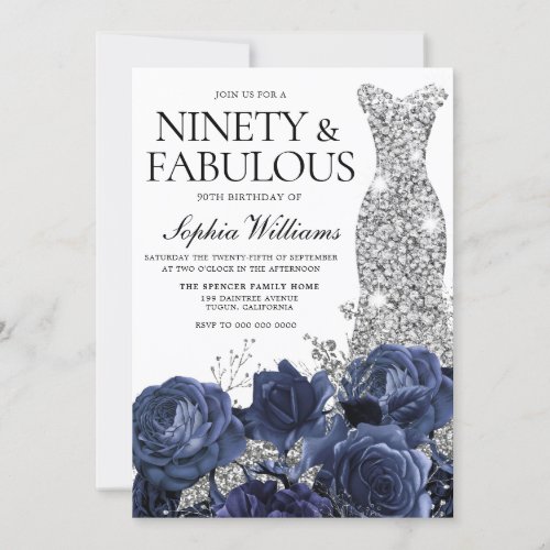 Navy Flowers  Silver Diamond Dress 90th Birthday Invitation