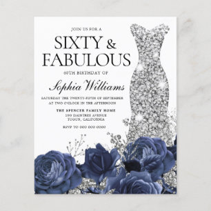 Navy Flowers Silver Dress 60th Birthday Invitation