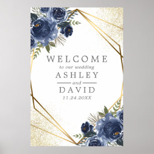 Navy Flowers Watercolor Floral Wedding Welcome Poster