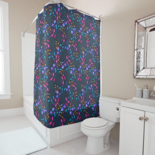 Navy Fluro Floral Sprig Pattern Shower Curtain