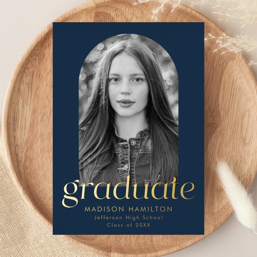 Navy Foil Arch Photo Graduation Announcement