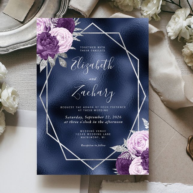 Navy Foil Lilac Purple Silver Floral Wedding Invitation (Creator Uploaded)