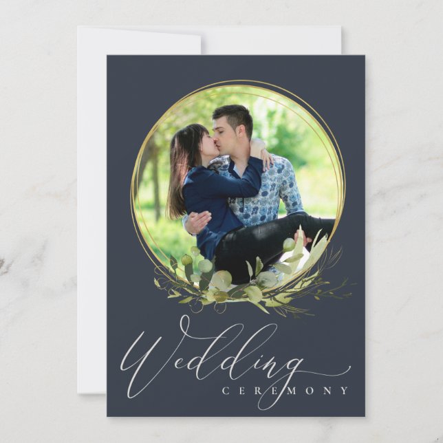 NAVY FOLIAGE WATERCOLOR PHOTO OVERLAY WEDDING INVITATION (Front)