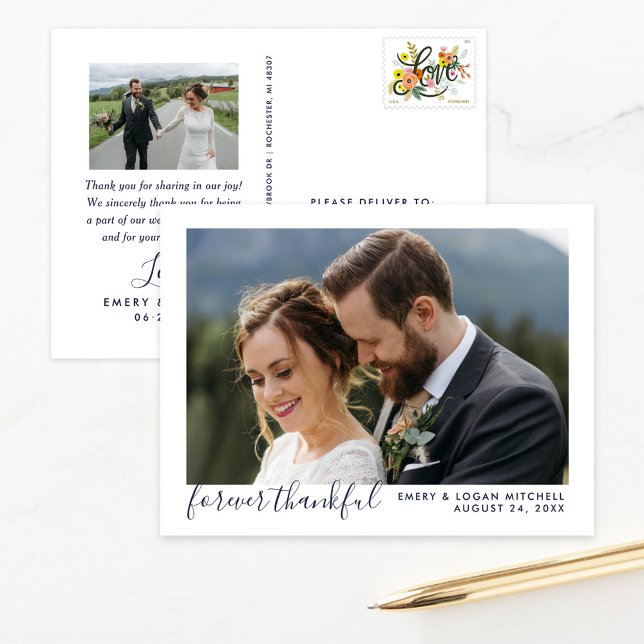Navy Forever Thankful Wedding Photo Thank You Postcard (Creator Uploaded)