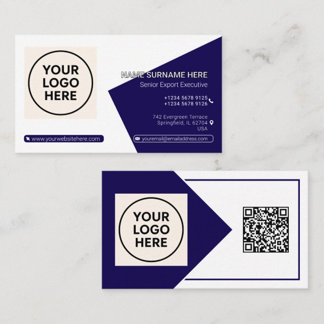 Navy Formal QR Code Professional Corporate Modern Business Card (Front/Back)