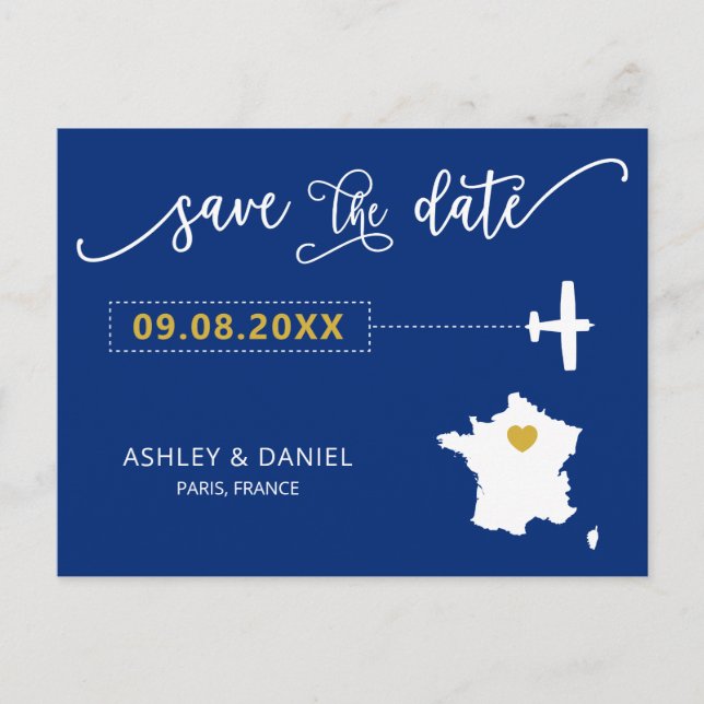 Navy France Wedding Save the Date Map Postcard (Front)