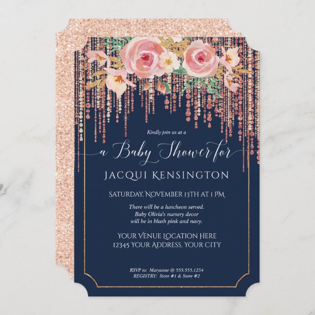Navy Fringe Rose Gold Blush Pink Floral Shower Invitation (Front/Back)