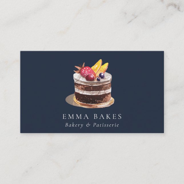 NAVY FRUIT FLORAL CAKE PATISSERIE CUPCAKE BAKERY BUSINESS CARD (Front)
