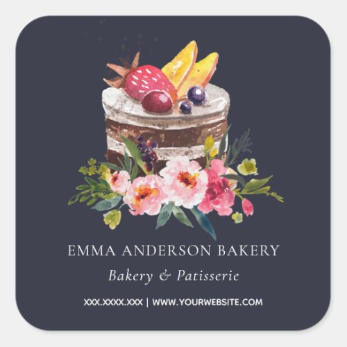 NAVY FRUIT FLORAL CAKE PATISSERIE CUPCAKE BAKERY SQUARE STICKER