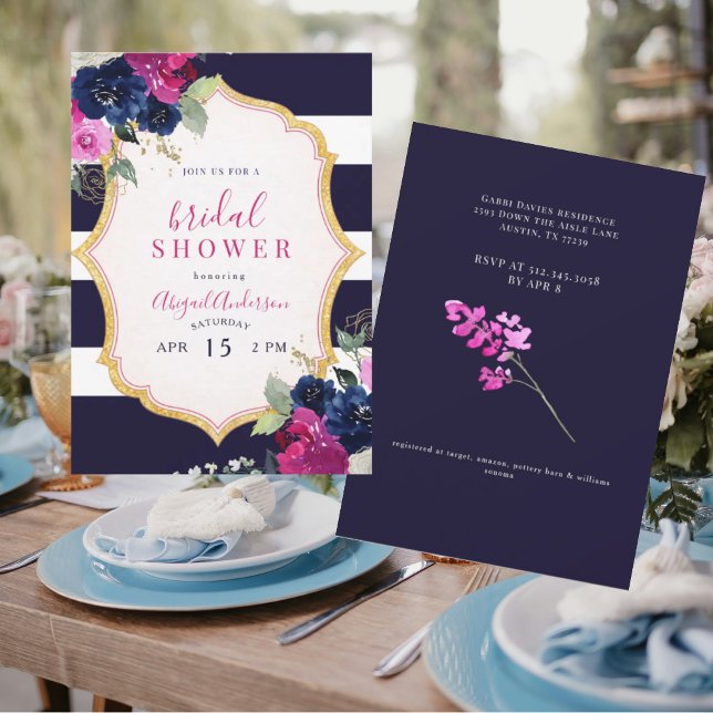 Navy & Fuchsia Floral Bridal Shower Invitation (Creator Uploaded)