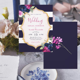 Navy & Fuchsia Floral Wedding Invitation