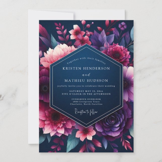 Navy & Fuchsia Vibrant Bloom Wedding Invitation (Front)