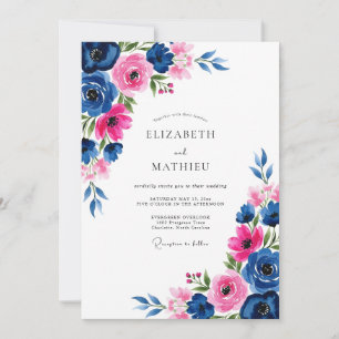 Navy Fuchsia Watercolor Romantic Wedding Invitation