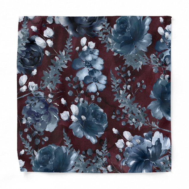 Navy Garden Florals Burgundy Wedding Pocket Square Bandana (Front)