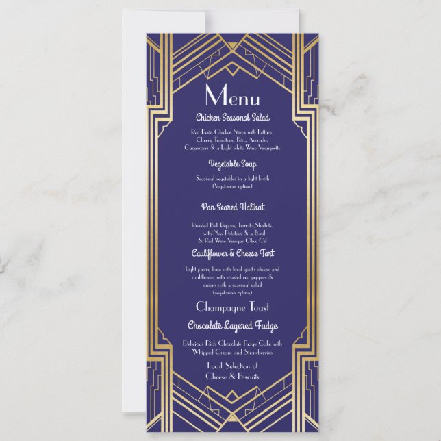 Navy Gatsby Menu Wedding Reception 1920's Art Deco Invitation (Front)