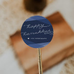 Navy Geo Script | Happy Hanukkah Classic Round Sticker<br><div class="desc">Seal your Hanukkah cards,  gifts and invitations with these elegant and modern stickers in rich navy blue. Overlapping geometric shapes in gradient shades of blue provide the perfect backdrop for "Happy Hanukkah" in modern white handwritten style typography.</div>