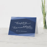 Navy Geo Script | Happy Hanukkah Holiday Card<br><div class="desc">Send your Hanukkah wishes with this elegant and modern greeting card in rich navy blue. Overlapping geometric shapes in gradient shades of blue provide the perfect backdrop for "Happy Hanukkah" in modern white handwritten style typography. Add an optional inside message using the field provided.</div>