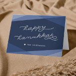 Navy Geo Script | Happy Hanukkah Holiday Card<br><div class="desc">Send your Hanukkah wishes with this elegant and modern greeting card in rich navy blue. Overlapping geometric shapes in gradient shades of blue provide the perfect backdrop for "Happy Hanukkah" in modern white handwritten style typography. Add an optional inside message using the field provided.</div>