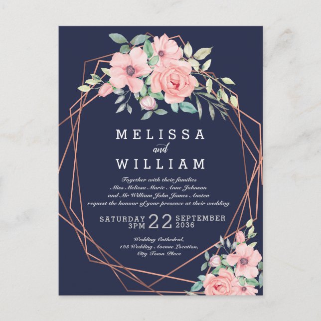 Navy Geometric Copper Floral Wedding Invitation Postcard (Front)