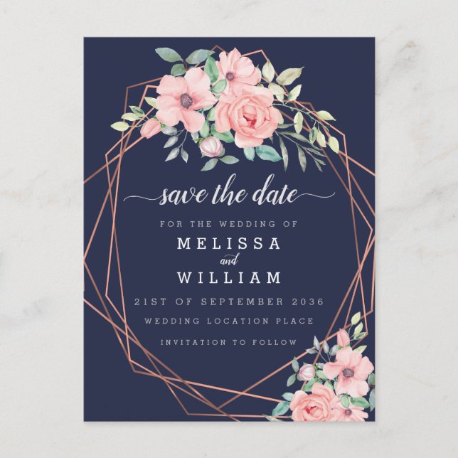 Navy Geometric Copper Floral Wedding Save the Date Announcement Postcard (Front)