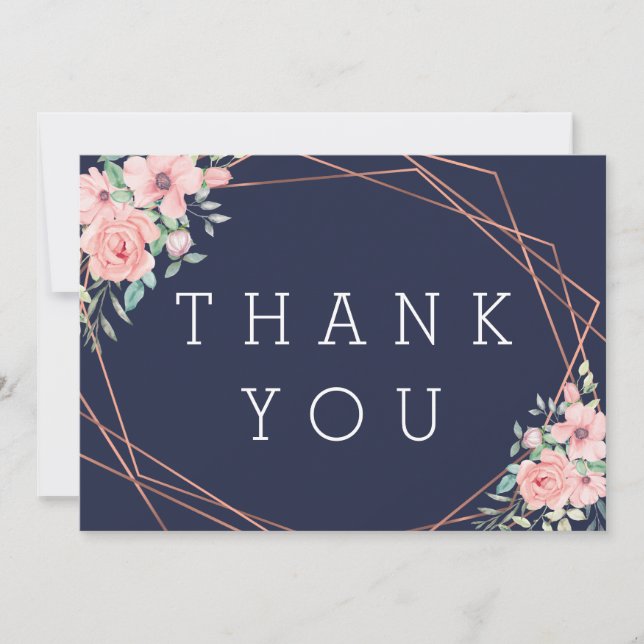 Navy Geometric Copper Floral Wedding Thank You Card (Front)