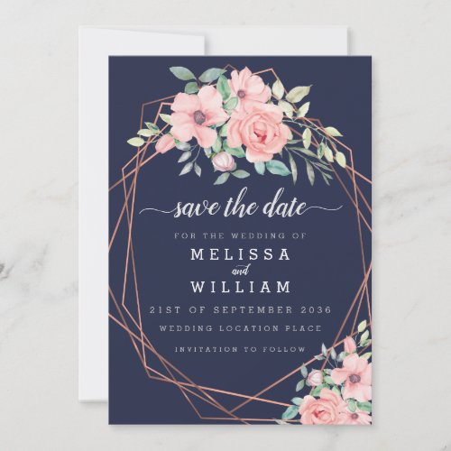 Navy Geometric Copper Watercolor Floral Wedding Save The Date