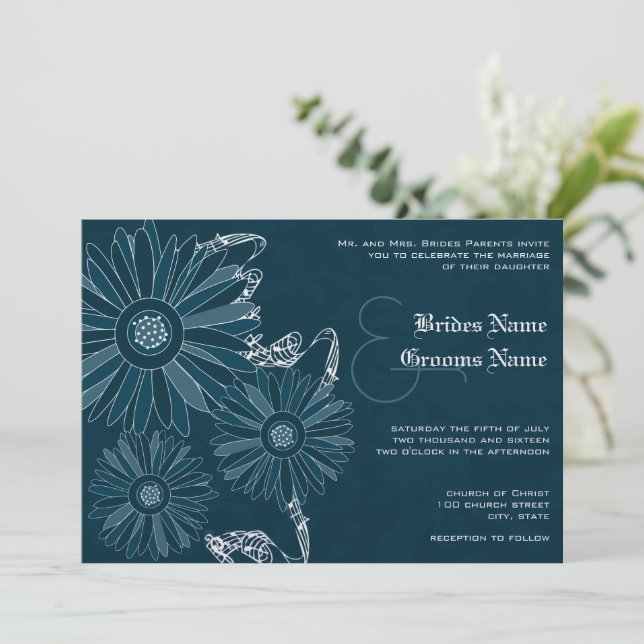 Navy Gerber Daisy Wedding Invite (Standing Front)